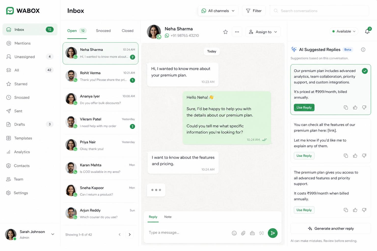 AI suggesting replies inside the Kluster inbox